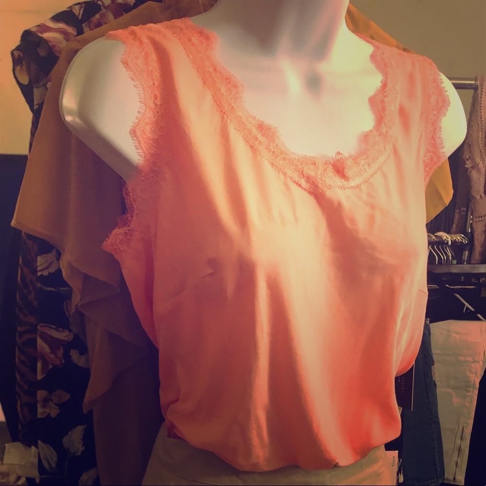 Satin-like corral blouse with lace trim